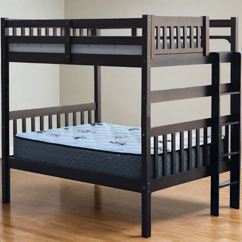 BERN Space-saving full over full bunk bed IN ESPRESSO constructed from solid wood, designed for long-lasting durability