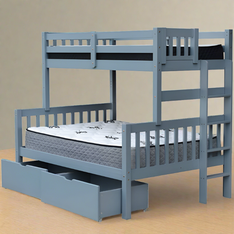 Delano solid wood bunk bed for kids and teens with a modern grey finish and under-bed storage drawers