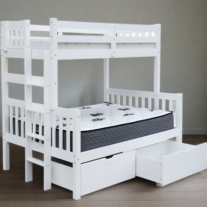Delano twin over full white bunk bed with end ladder and set of drawers, ideal for kids and adults