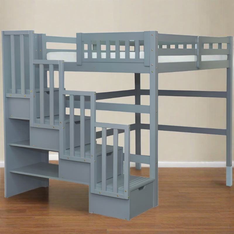 Aria Stairway, modern double size loft bed in a grey finish, featuring safety-focused wide stairs and extra storage drawers