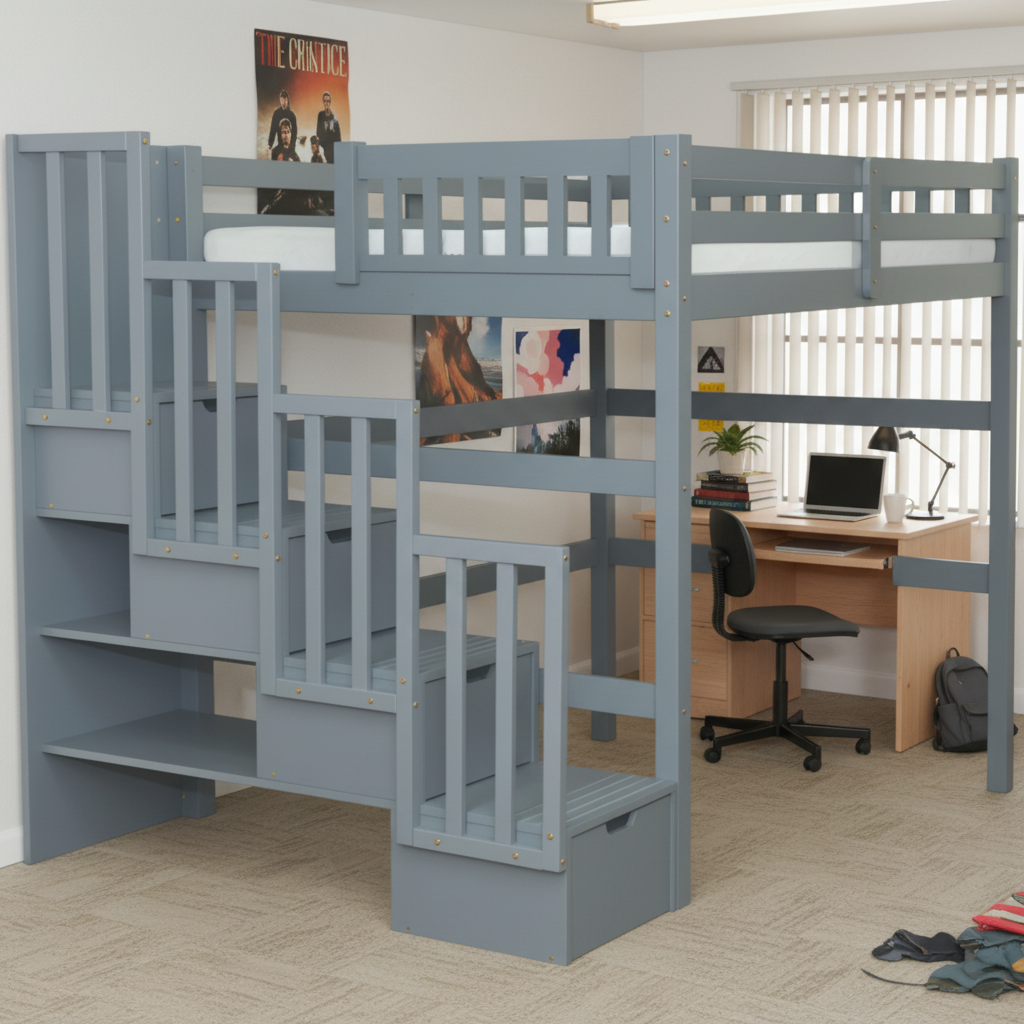 Aria Stairway Full Loft Bed Grey