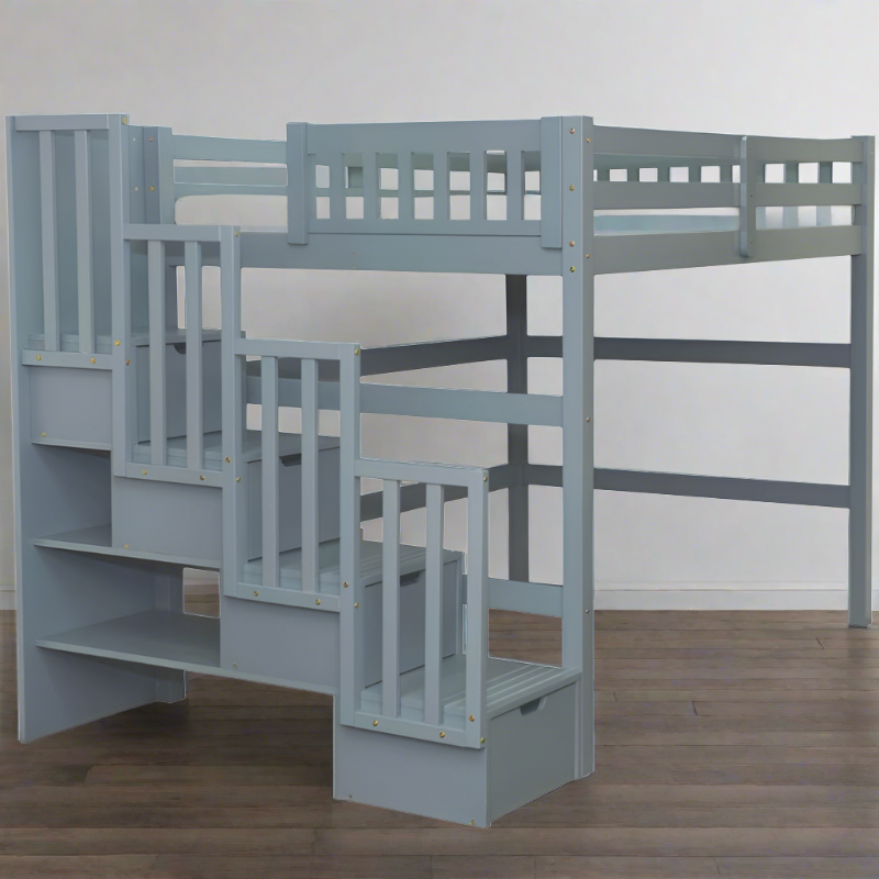 ARIA STAIRCASE Durable solid PINE wood loft bed in DOUBLE size with a built-in chest of drawers