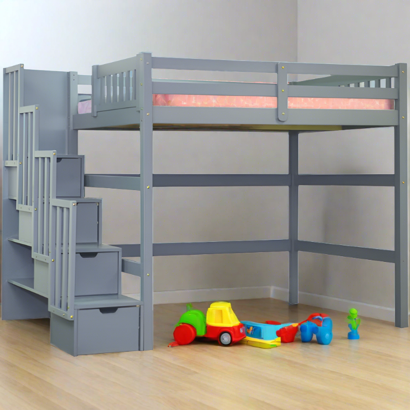 Aria Modern full loft bed with stairs in a sleek grey finish, featuring safety-focused wide steps and extra storage