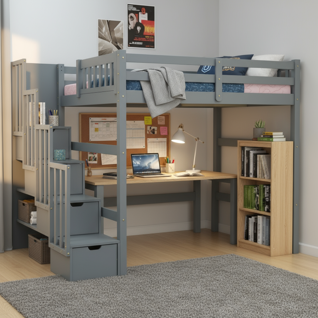 Aria Modern full loft bed with stairs in a sleek grey finish, featuring safety-focused wide steps and extra storage