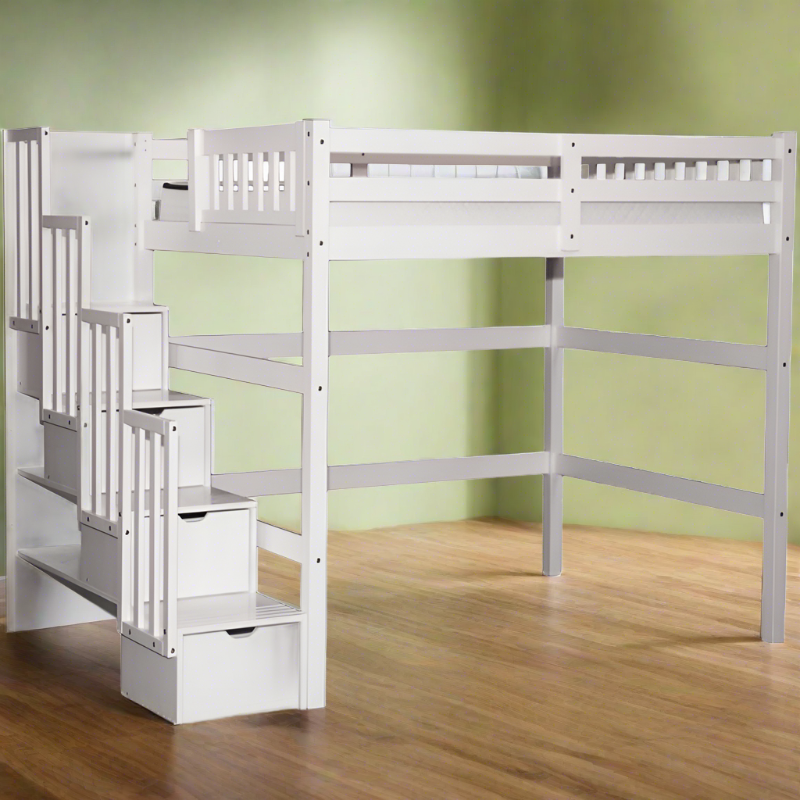 ARIA Durable solid wood loft bed in FULL size with a built-in chest of drawers and desk IN WHITE