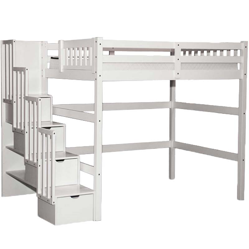 Aria Modern solid pine wood loft bed with stairs in a pure white finish, featuring safety-focused staircase and extra storage