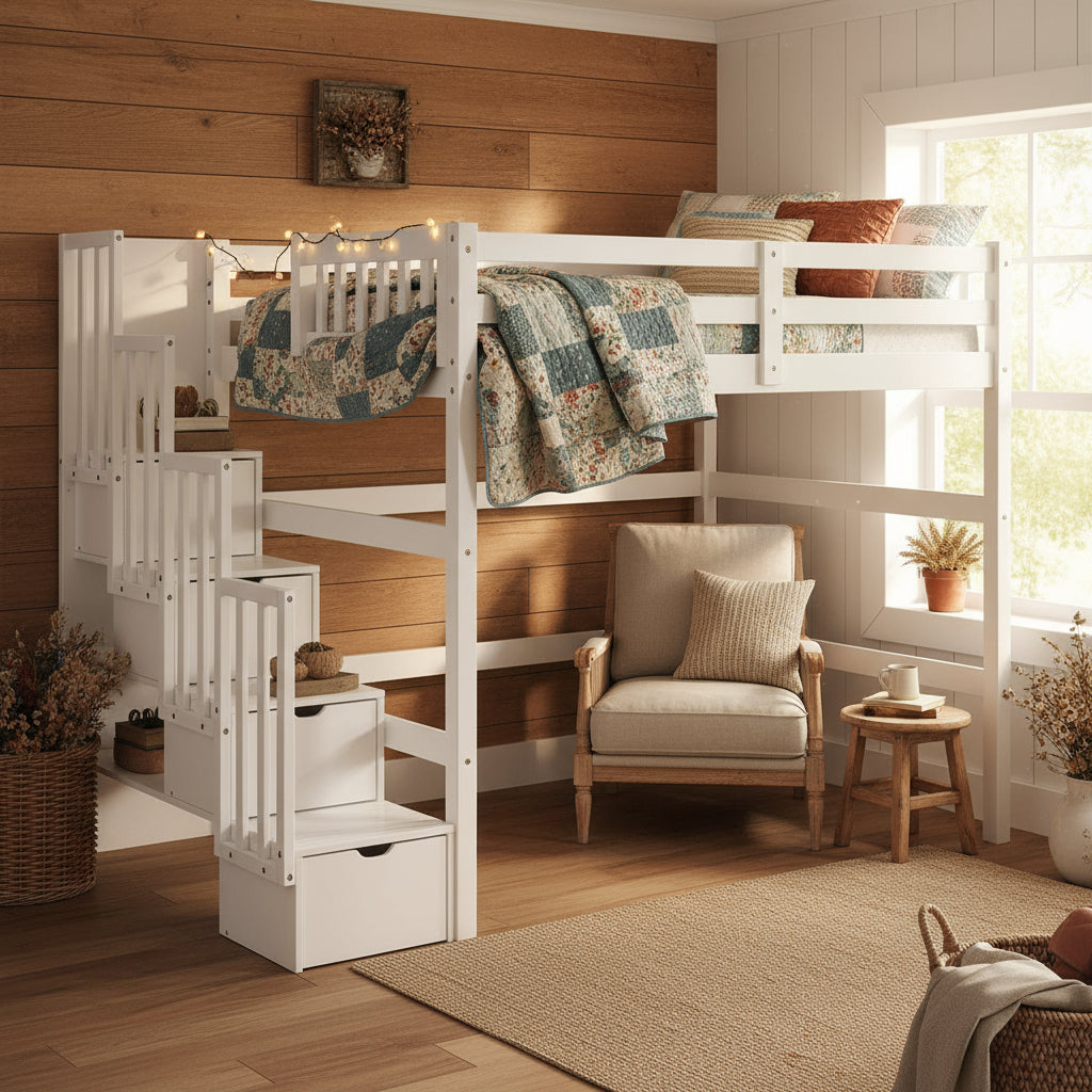 Aria Modern solid pine wood loft bed with stairs in a pure white finish, featuring safety-focused staircase and extra storage
