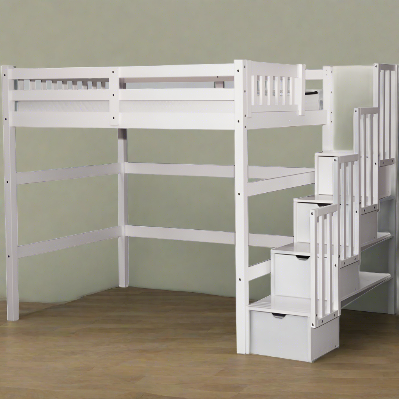 Aria Modern solid wood loft bed with stairs in a sleek white finish, featuring safety-focused wide stairs and extra storage