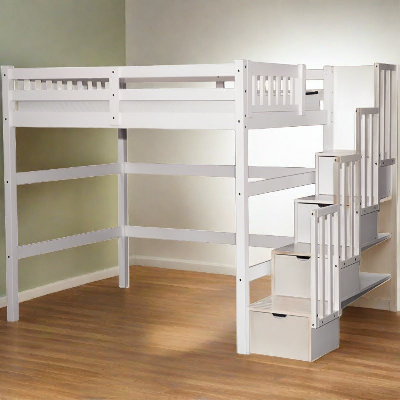 Aria Space-saving full loft bed with stairs and built-in drawer storage for small rooms