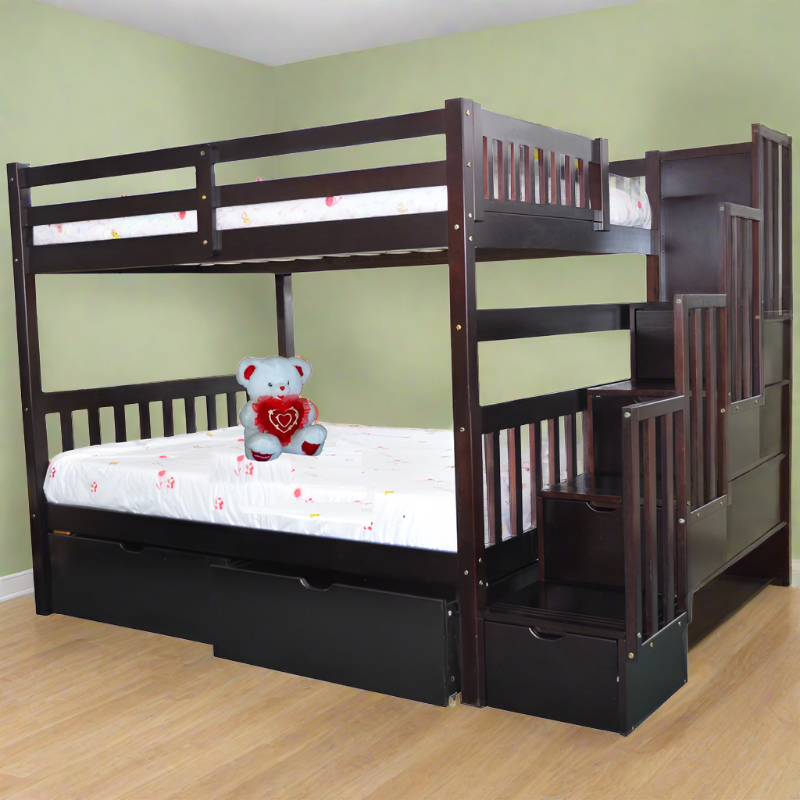 Bellagio full over full solid wood Space-saving bunk bed with stairs and built-in drawer storage for small rooms