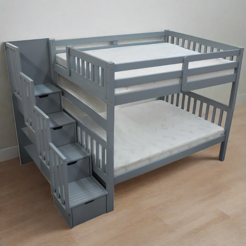 Bellagio Space-saving full over full solid wood grey bunk bed with stairs and built-in drawer storage for small rooms