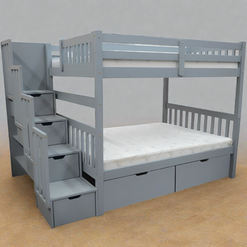 Bellagio Space-saving double over double solid wood in grey finish bunk bed with stairs and built-in drawer storage for small rooms