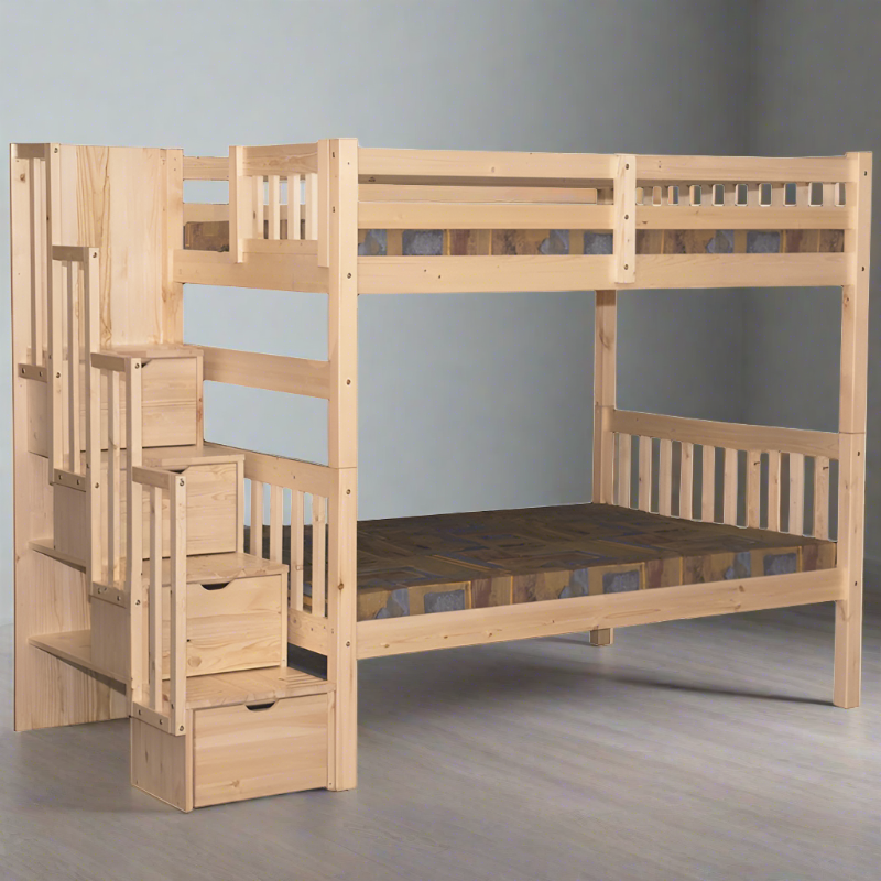 Bellaio Space-saving full over full natural bunk bed with stairs and built-in drawer storage for small rooms