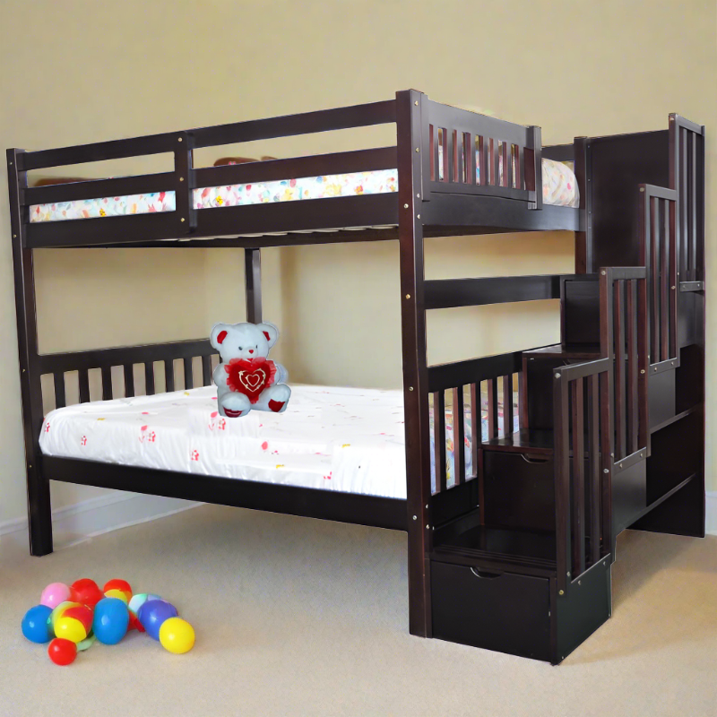 Bellagio full over full Space-saving bunk bed in espresso finish with stairs and built-in drawer storage for small room
