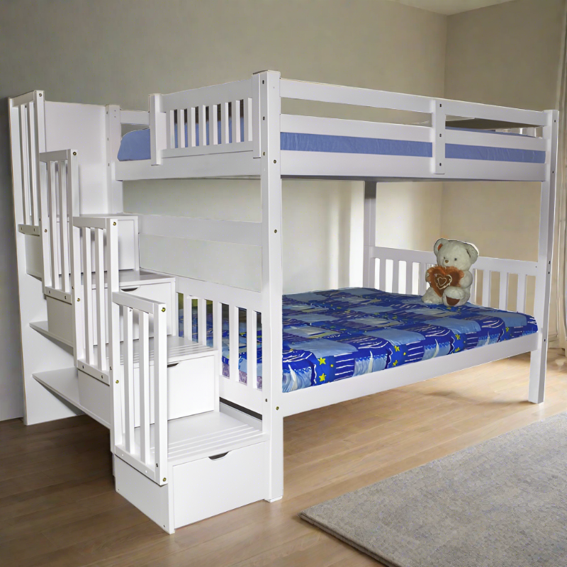 BELLAGIO White stairway bunk bed with customizable staircase placement and additional under-bed trundle