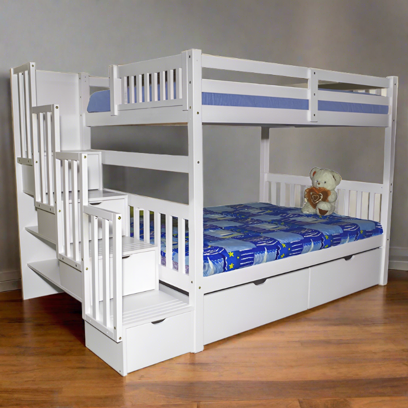BELLAGIO SOLID WOOD White stairway bunk bed with customizable STAIRWAY and additional under-bed SET OF DRAWERS