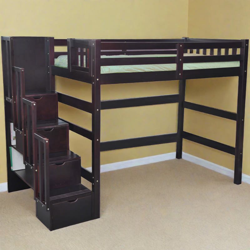 ENCORE Durable solid wood loft bed in twin size with a built-in STORAGE DRAWERS IN ESPRESSO FINISH