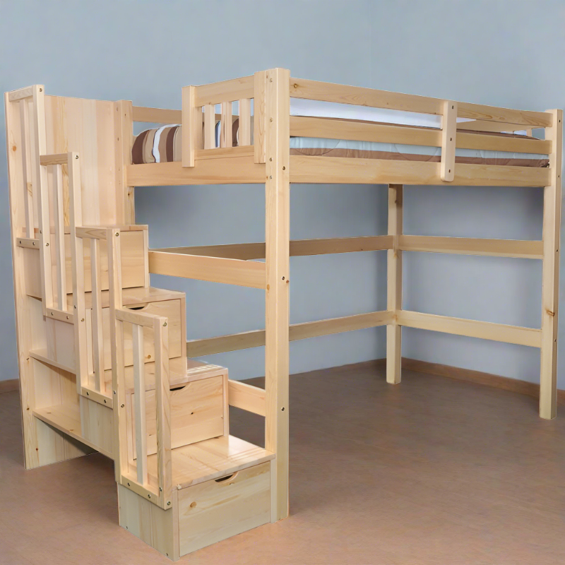 Encore Modern, solid wood loft bed with stairs in a natural finish, featuring safety-focused wide steps and extra storage