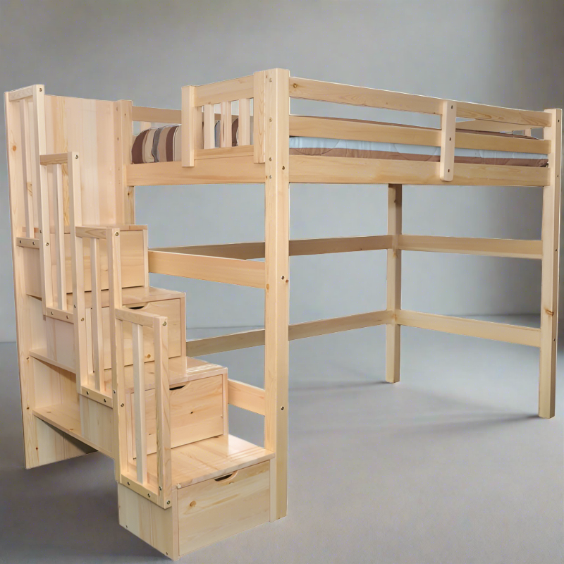 ENCORE TWIN LOFT BED IN NATURAL FINISH WITH STAIRS FOR ADULTS AND KIDS