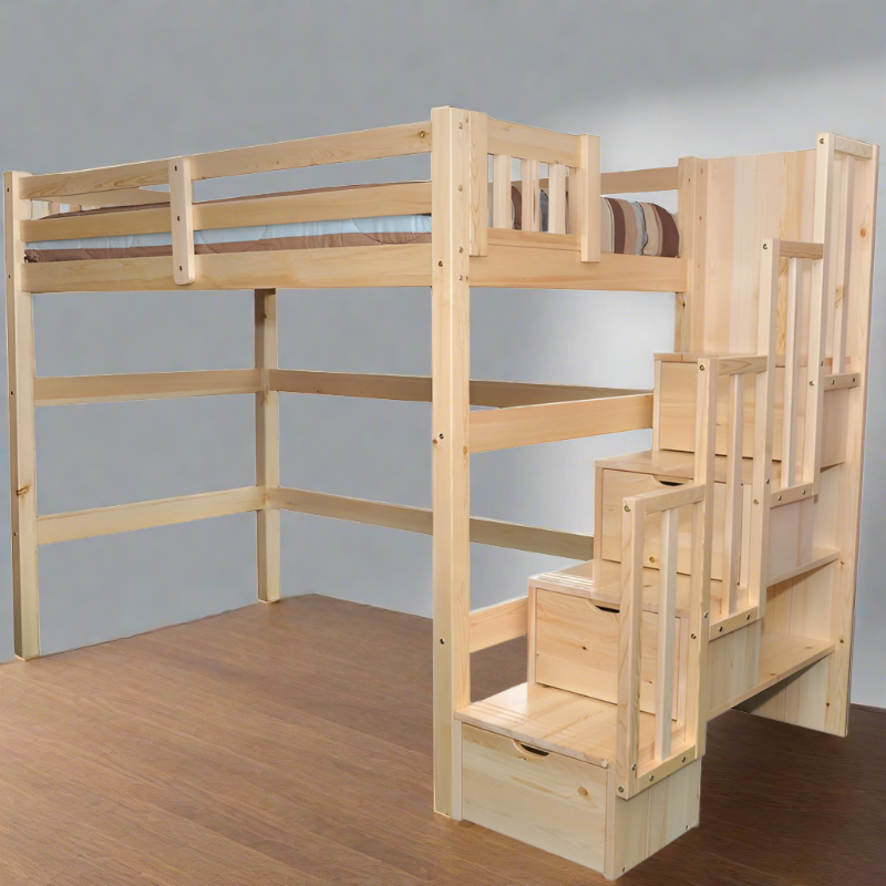 Encore staircase solid wood loft bed with stairs in natural finish, featuring safety-focused wide stairs and extra storage