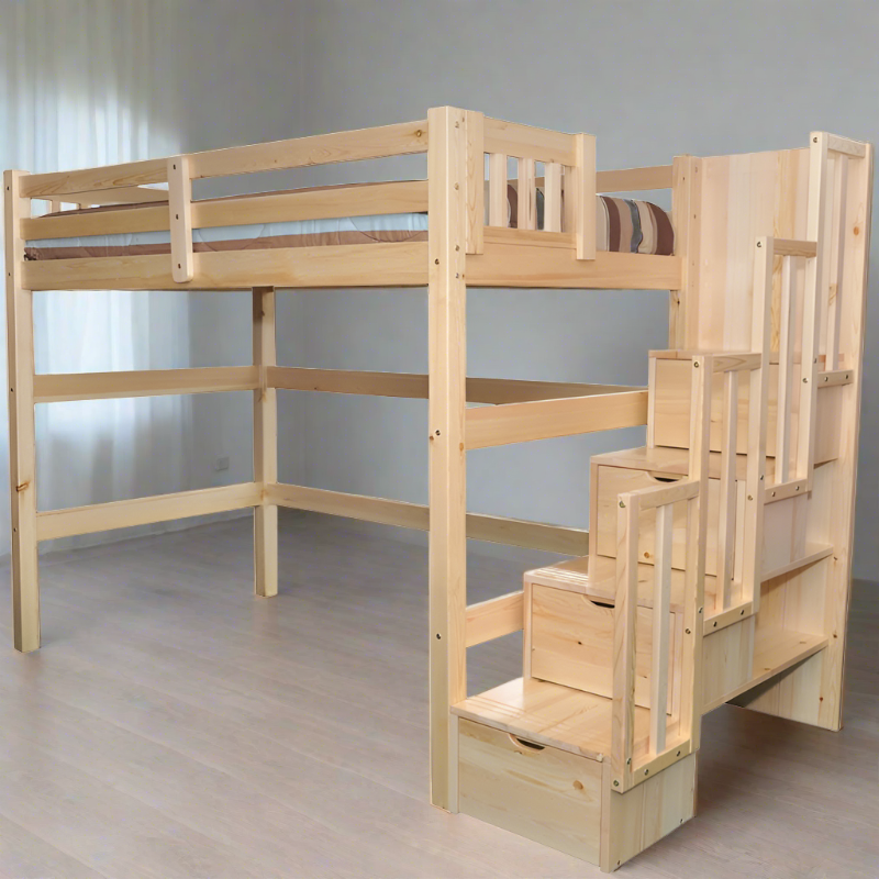 ENCORE Durable solid wood loft bed in twin size with a built-in chest of drawers