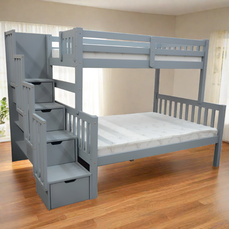 FLAMINGO Twin over full bunk bed with stairs in pine wood with built-in storage drawers in grey finish