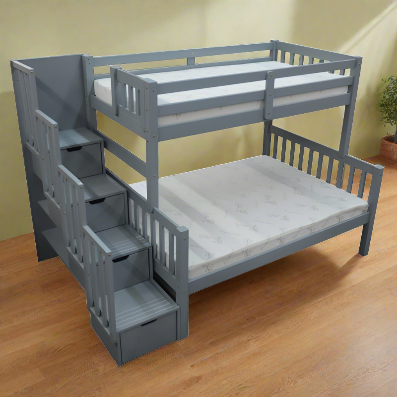 FLAMINGO SOLID WOOD SINGLE over DOUBLE stairway BUNK bed in solid pine wood with built-in storage drawers in grey finish
