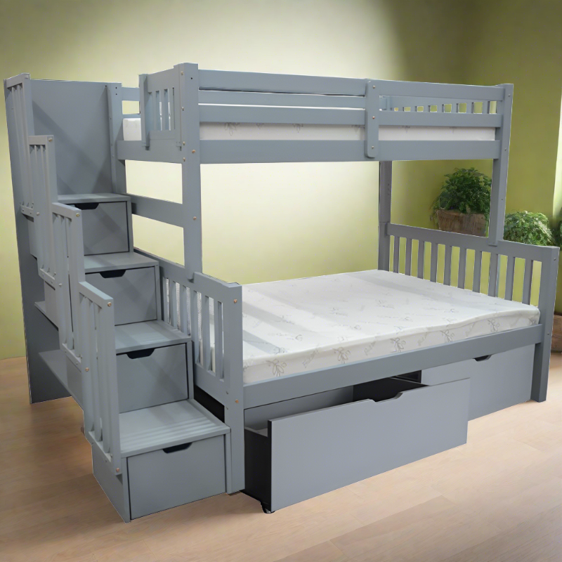 FLAMINGO Twin over full staircase bunk bed in solid wood with built-in storage drawers in GREY