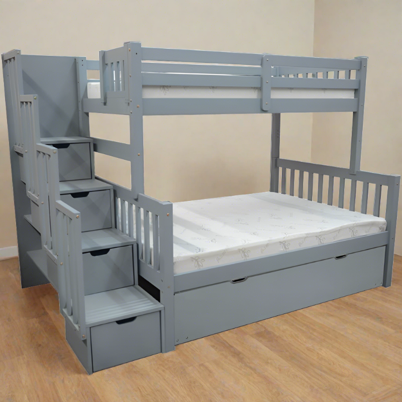 FLAMINGO SOLID WOOD Twin over full stairway bunk bed in solid wood with built-in storage drawers in grey finish