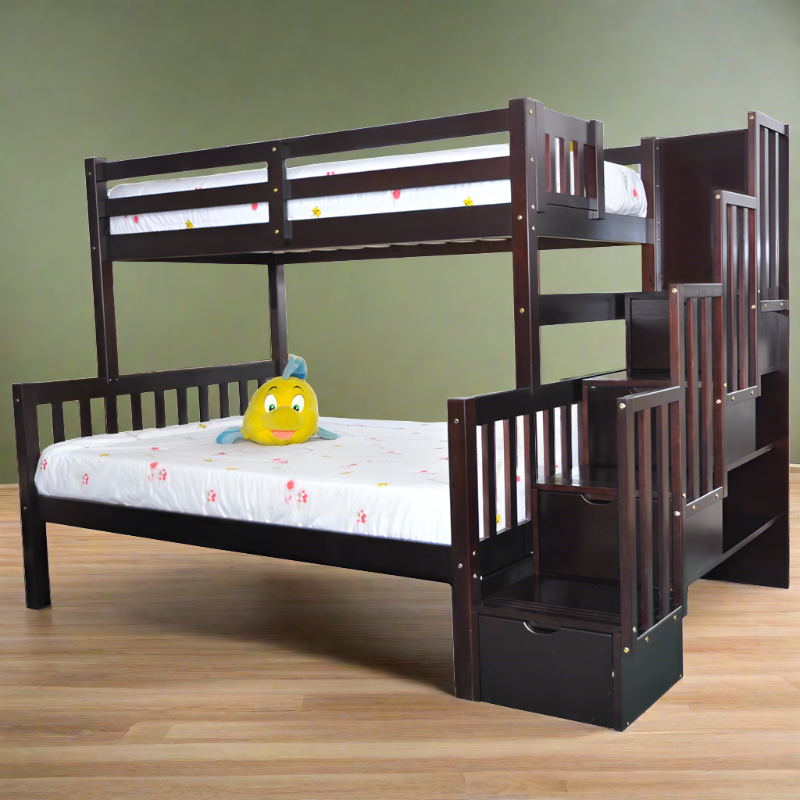 FLAMINGO Twin over full stairway bunk bed in solid pine wood with built-in storage drawers in dark espresso finish