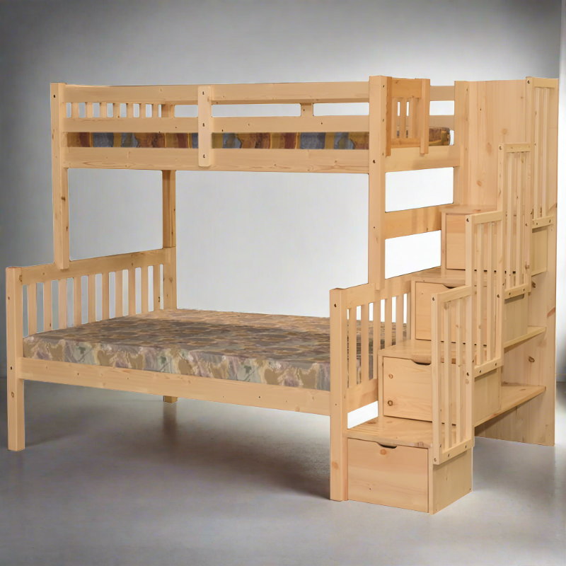 FLAMINGO SOLID PINE WOOD TWIN FULL BUNK BED WITH STORAGE STAIRS in solid pine wood with built-in storage drawers in natural finish