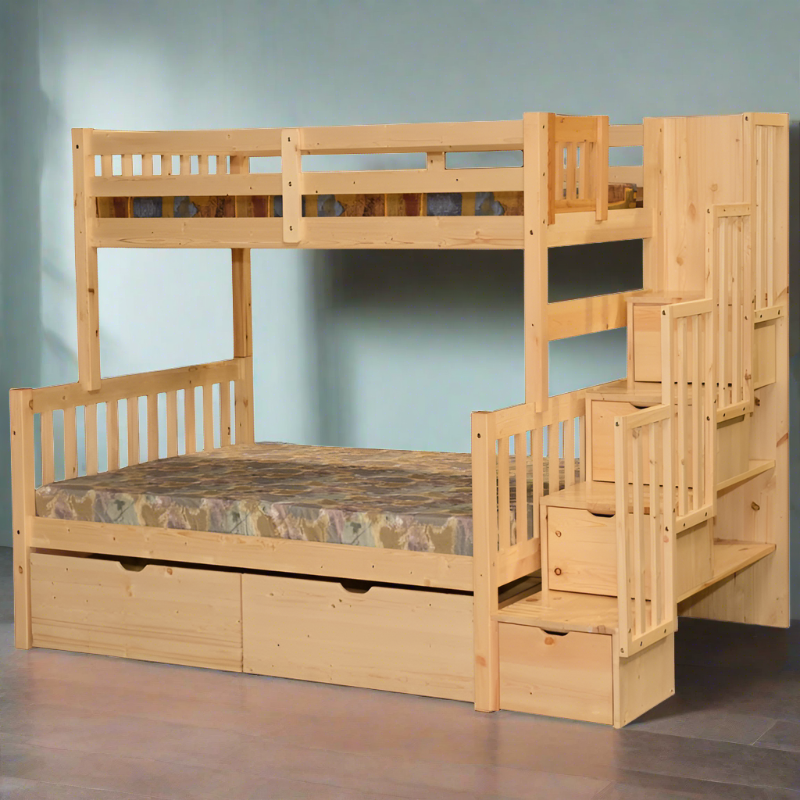 FLAMINGO SOLID WOOD TWIN OVER FULL BUNK BED NATURAL WITH STORAGE DRAWERS AND STAIRS IN NATURAL