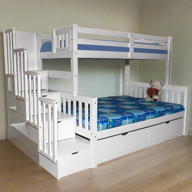 Flamingo-white stairway bunk bed-with-drawers