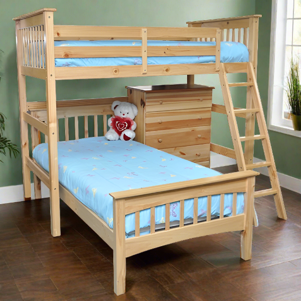 HUMBOLDT natural twin loft bed for kids with a matching bed and desk underneath for added functionality