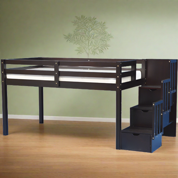 Space-saving loft bed with a rich espresso finish, perfect for teen bedrooms or guest rooms