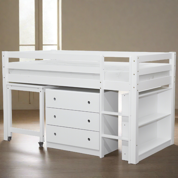 Loft-Bed-white-full-set WITH DESK, CHEST