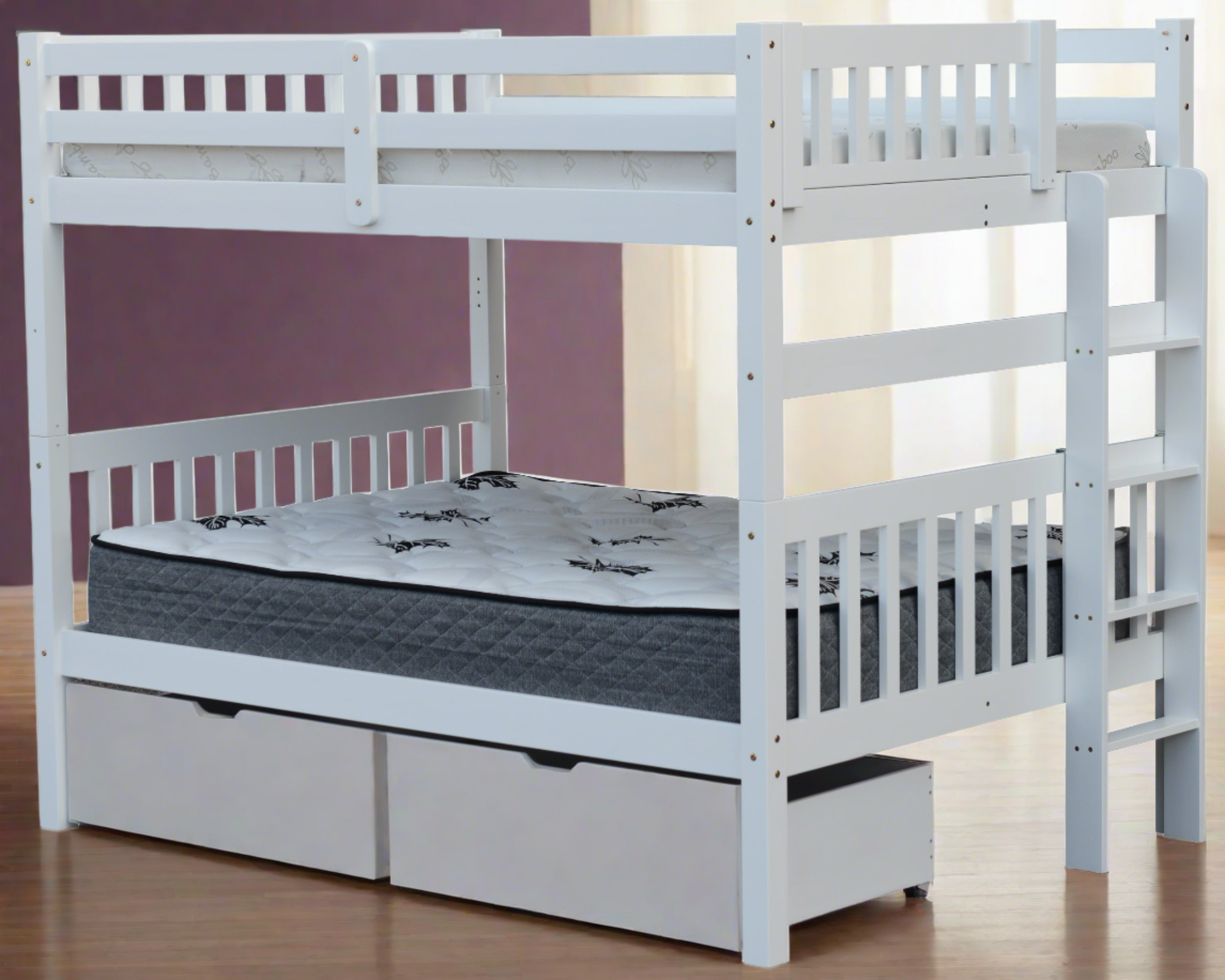 BERN White full over full bunk bed in solid wood with a classic design and safety rails