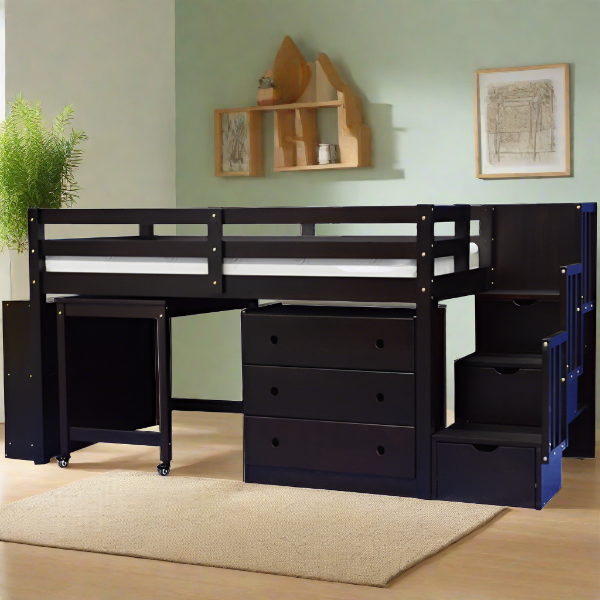 solid wood low loft bed with stairs espresso