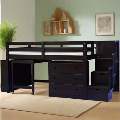 Junior Stairway Mid Loft Bed with Desk & Storage Espresso