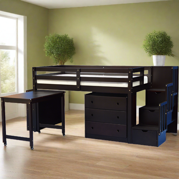 stairway loft bed espresso with desk and chest
