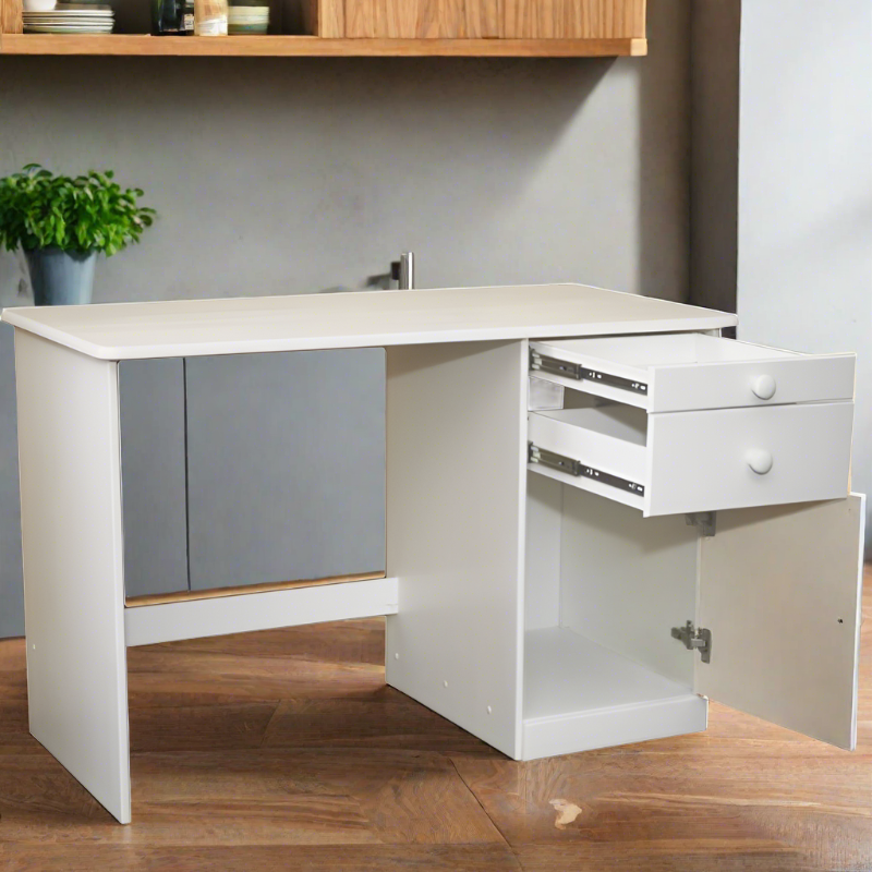 Solid wood white computer desk with a minimalist design and spacious work surface