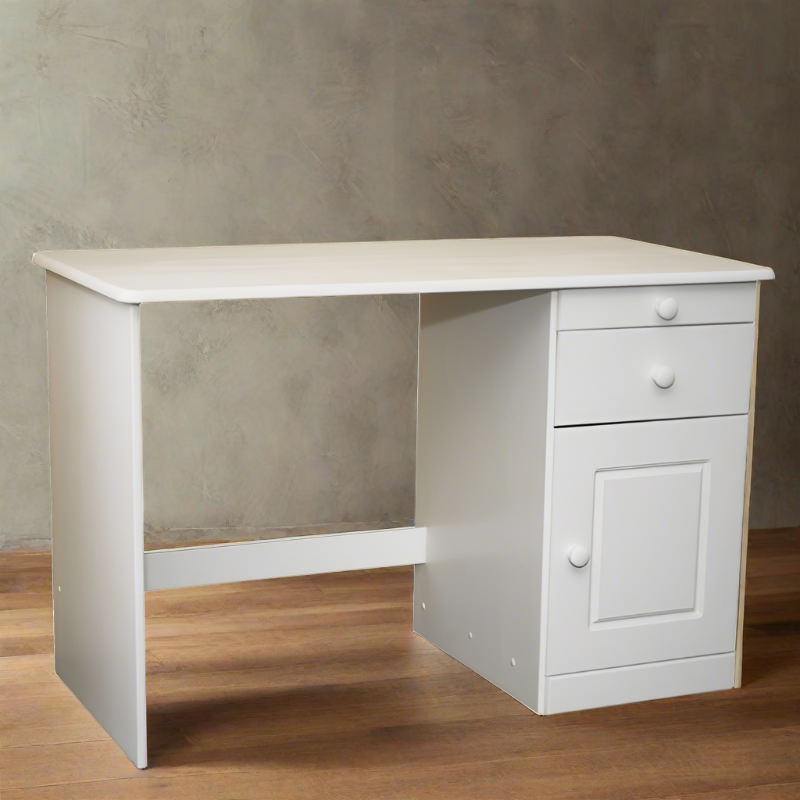 White-finished solid wood computer desk featuring a compact design with ample storage