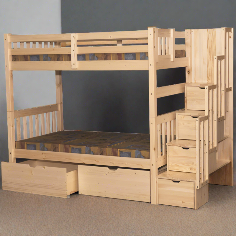 Wynn Space-saving twin over twin bunk bed in natural with stairs and built-in drawer storage for small rooms