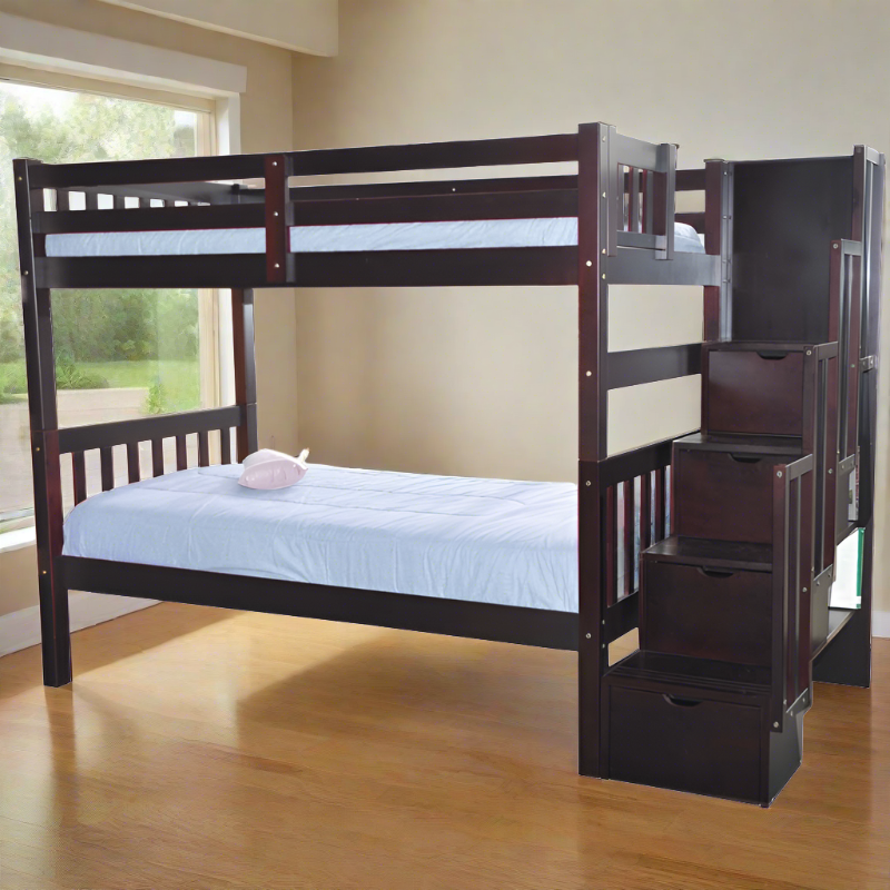 Stairway Twin over Twin Bunk Bed Espresso no drawers