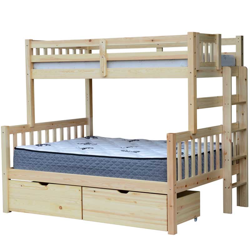 Delano natural single over double bunk bed in solid wood with a classic design and safety rails