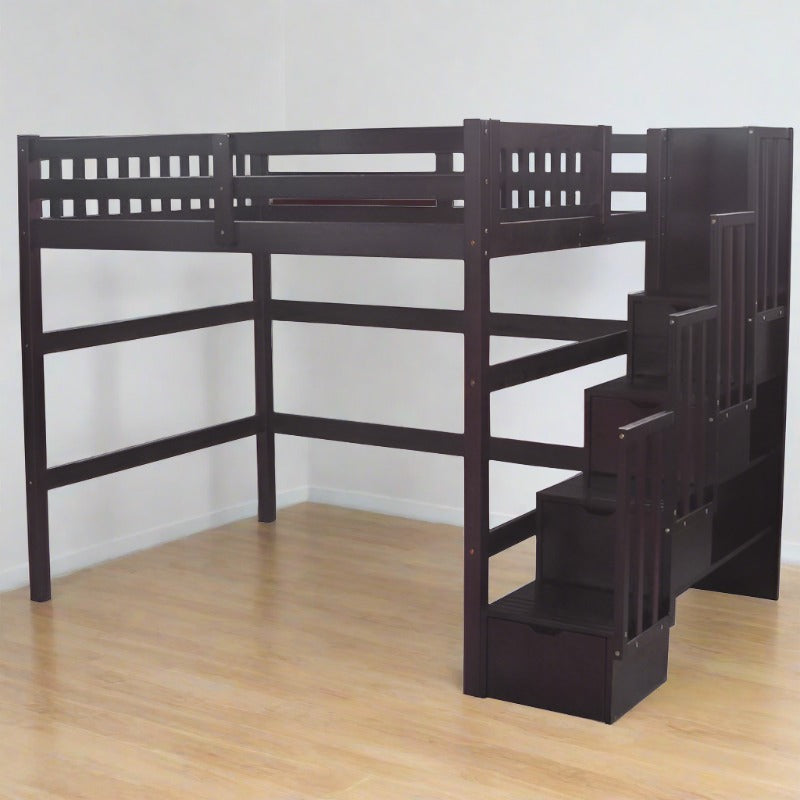 Aria Stylish espresso full size stairway bunk bed with storage for toys and bedding, ideal for kids and teens