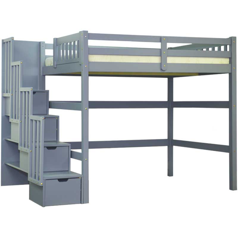 aria grey loft bed with stairs and storage drawers, perfect for kids’ bedrooms or guest rooms