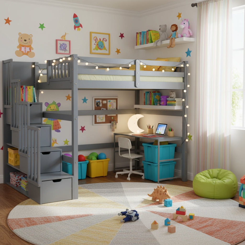 aria grey loft bed with stairs and storage drawers, perfect for kids’ bedrooms or guest rooms