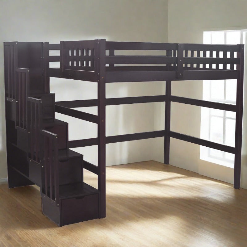 Aria solid wood double size loft bed with stairs in a sleek espresso finish, featuring safety-focused wide steps and extra storage