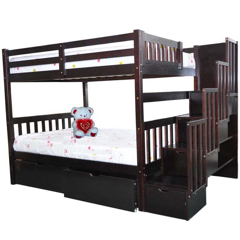 Bellagio Staircase bunk bed in espresso finish, featuring a sturdy solid wood frame and splittable design